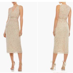MAC DUGGAL SEQUIN SLEEVELESS BEIGE MIDI COCKATIL SHEATH DRESS sz 14